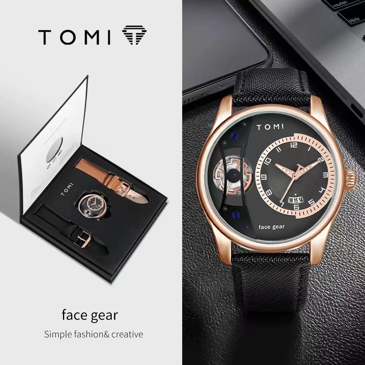 TOMI Men's Quartz Fashion Watch – Creative Dial Business Wristwatch with Gift Box