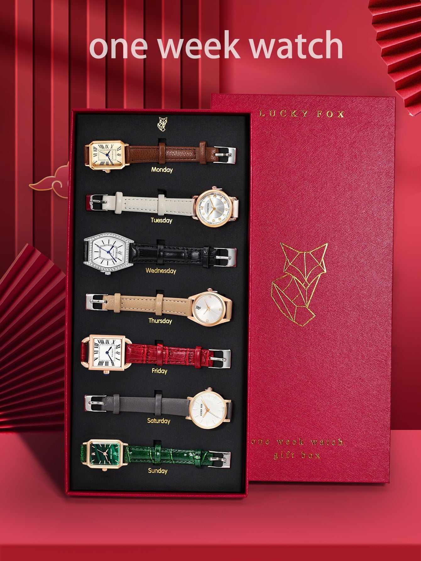 Lucky Fox Women's 7-Day Watch Gift Set – Vintage Quartz Watches with Leather Straps