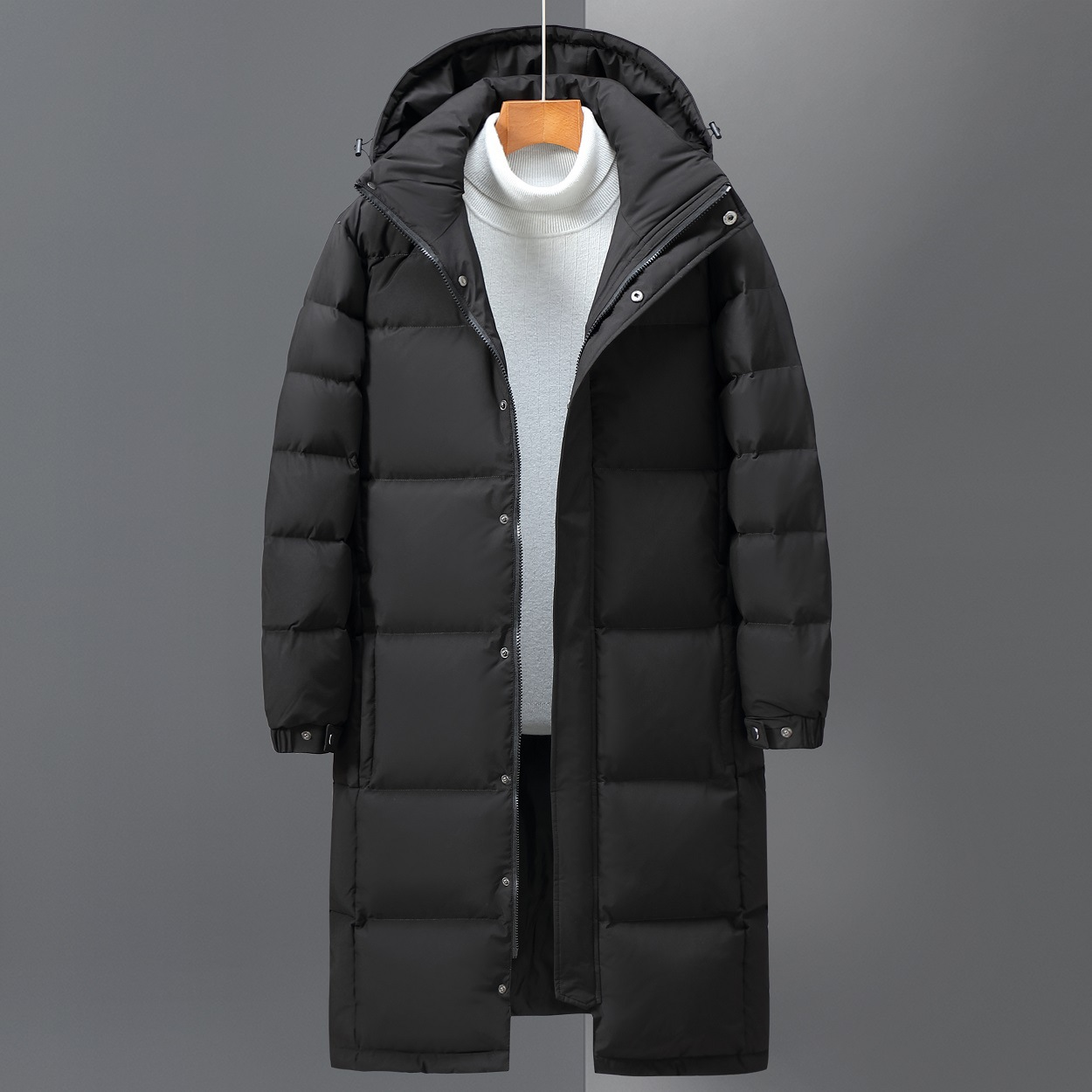 Men’s Long Hooded Down Jacket – Windproof Winter Coat