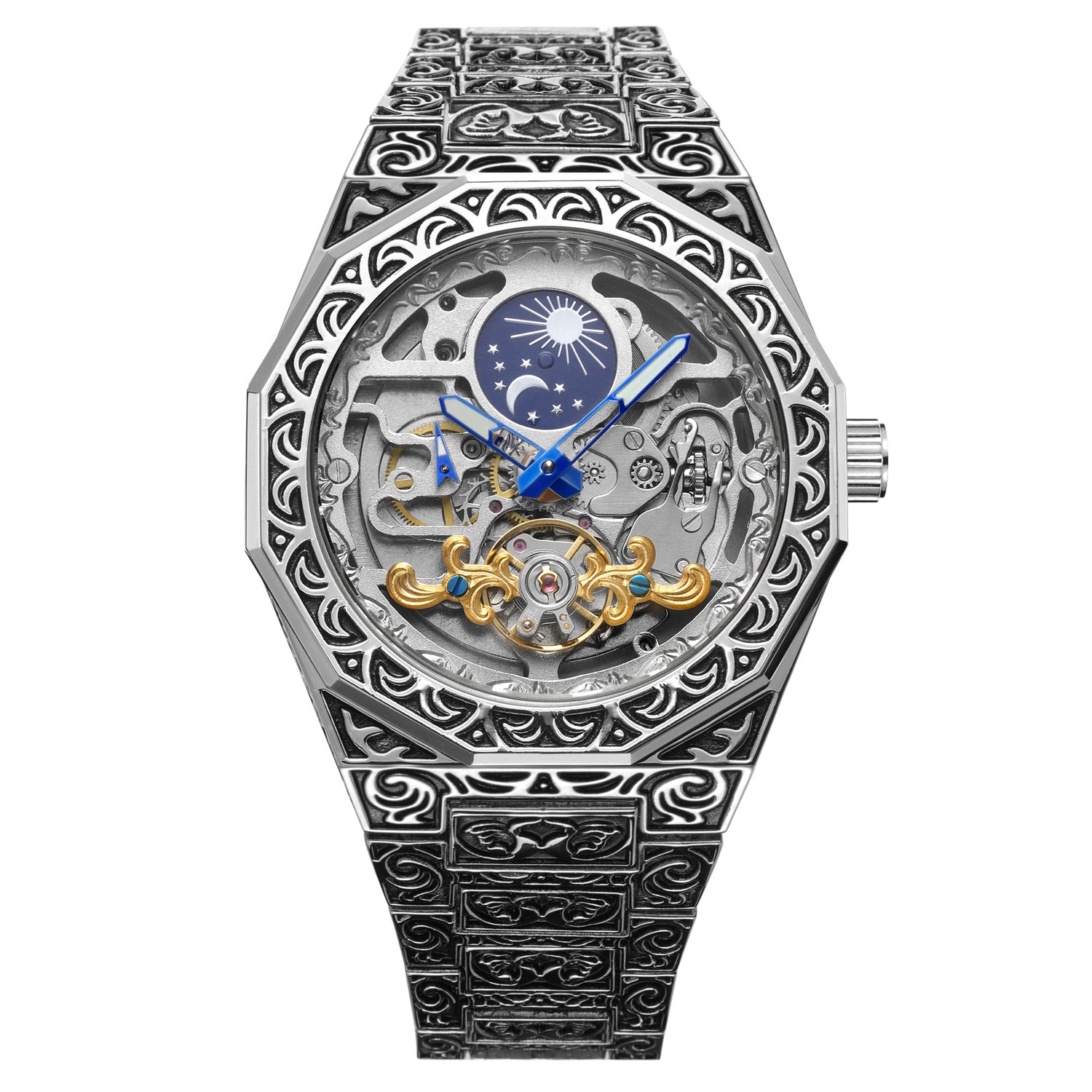 Forsining Men's Automatic Skeleton Watch – Retro Mechanical Open-Heart Stainless Steel Wristwatch